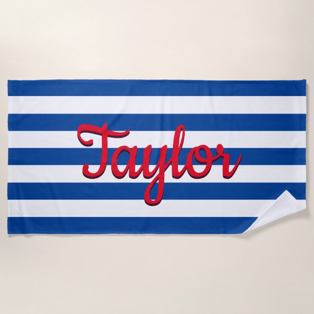 Personalised Blue Striped Beach Towel (Front)