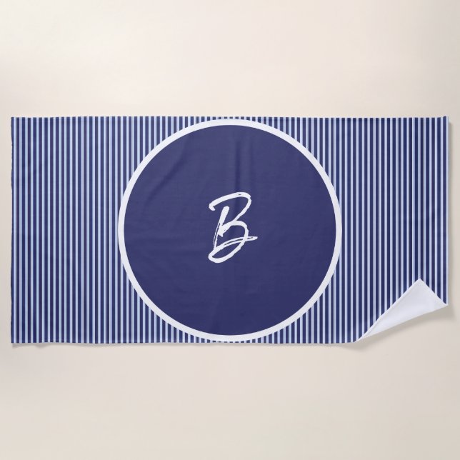 Personalised blue striped beach towel (Front)