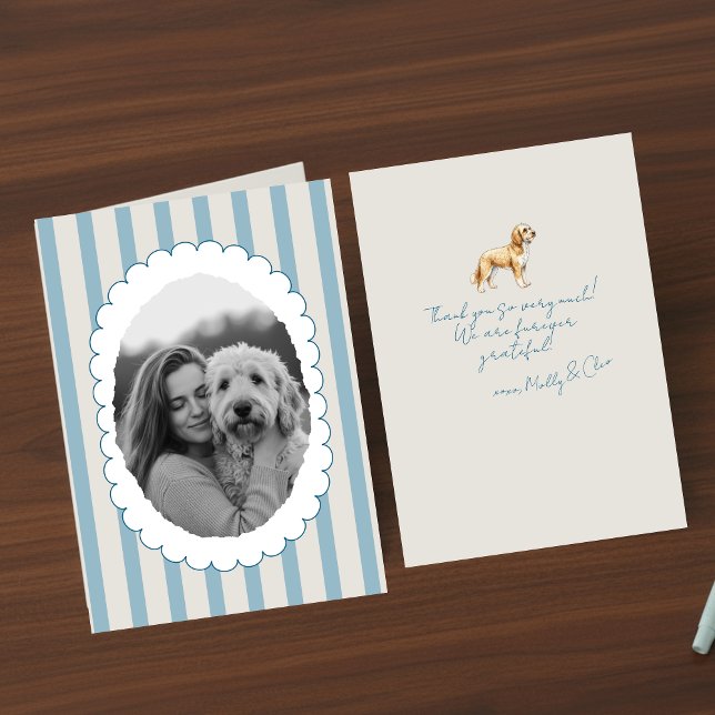 Personalised Blue Striped Pet Photo Golden Doodle Thank You Card (Send many thanks with a personalized touch! )