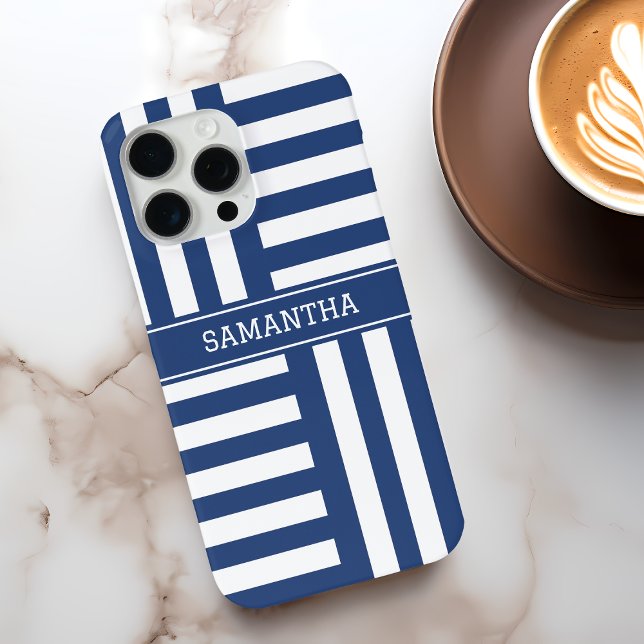 Personalised Blue Stripes Chic White Name Modern Case-Mate iPhone Case (Personalized Blue Stripes Chic White Name Modern Case-Mate iPhone Case)