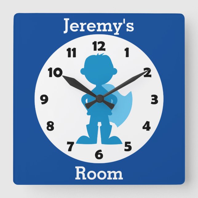Personalised Blue Superhero Boy Kids Room Square Wall Clock (Front)