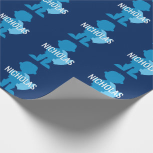 Personalised Blue Superhero Boy Silhouette Kids Wrapping Paper