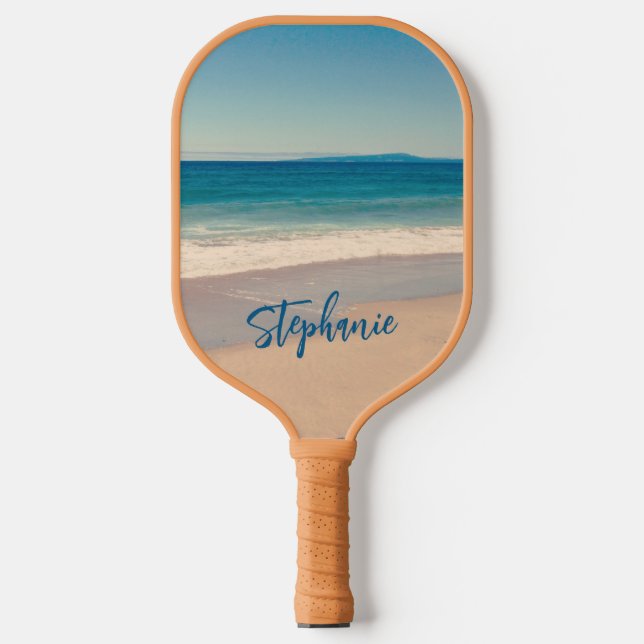 Personalised Blue Teal California Beach Photo Pickleball Paddle (Front)