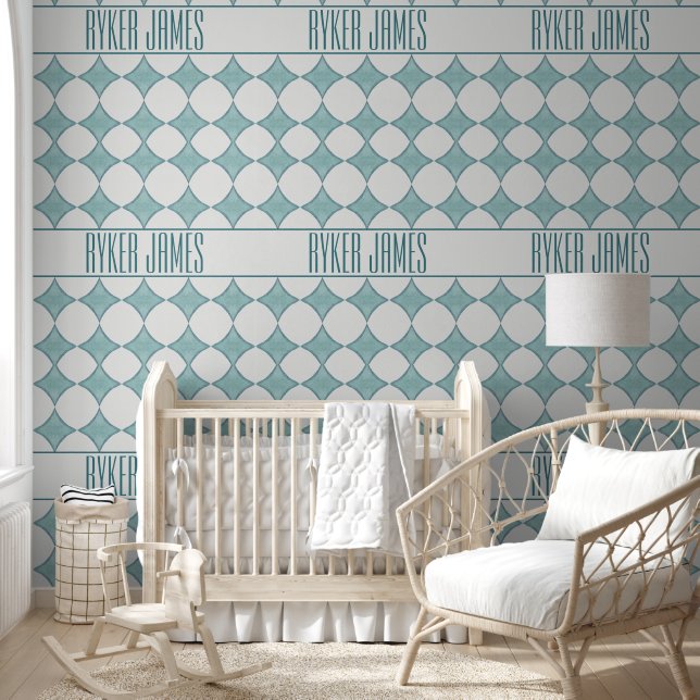 Personalised Blue Teal Diamonds Baby Name Wallpaper (Kids)