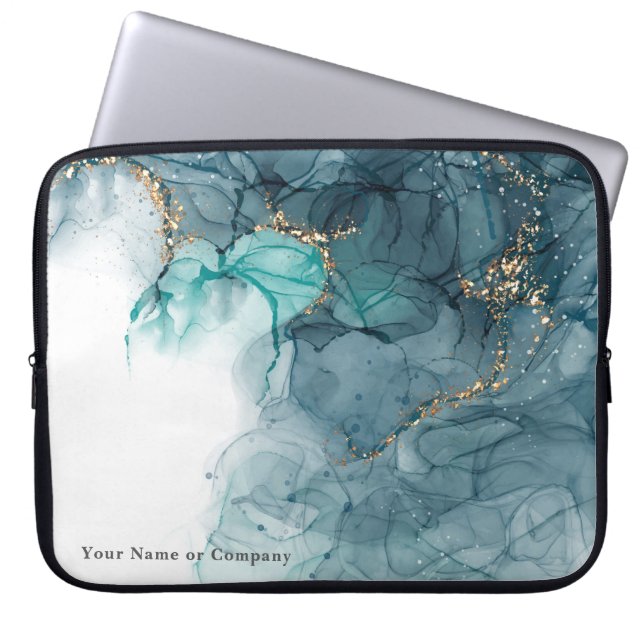Personalised Blue Teal Marble Ink Laptop Case (Front)