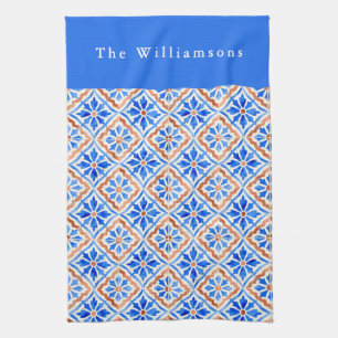 Personalised Blue Terracotta Mediterranean Tile Tea Towel