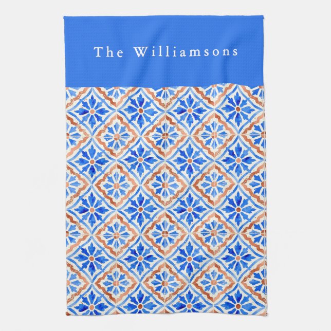 Personalised Blue Terracotta Mediterranean Tile Tea Towel (Vertical)