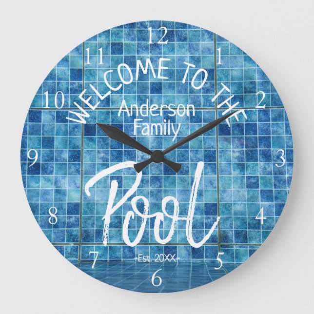 Personalised Blue Tile Welcome to the Family Pool Large Clock (Front)