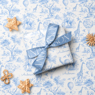 Personalised Blue Toile Safari Baby Shower Gift Wrapping Paper