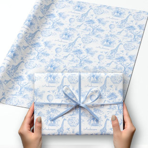 Personalised Blue Toile Safari Baby Shower Gift Wrapping Paper