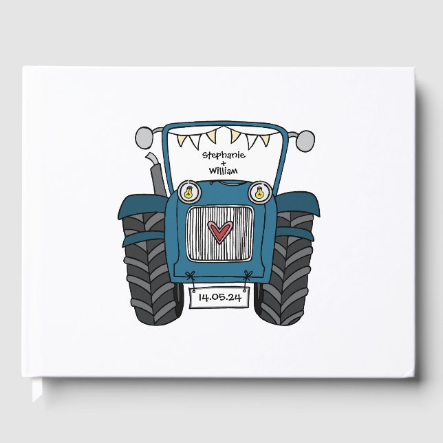 Personalised Blue Tractor Country Farm Wedding Guest Book (Front)