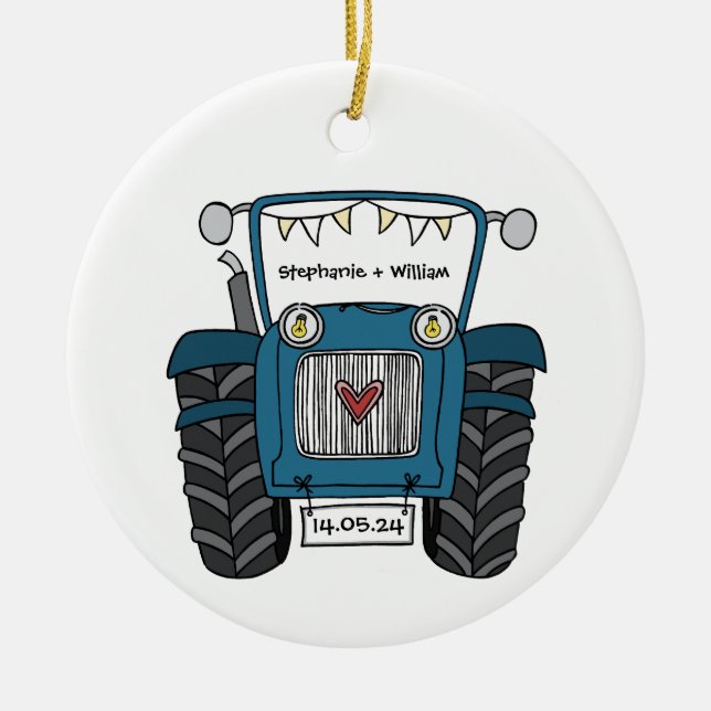 Personalised Blue Tractor Country Wedding Gift Ceramic Tree Decoration (Front)