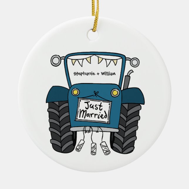 Personalised Blue Tractor Country Wedding Gift Ceramic Tree Decoration (Front)