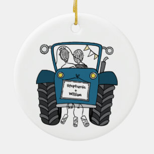 Personalised Blue Tractor Country Wedding Gift Ceramic Tree Decoration