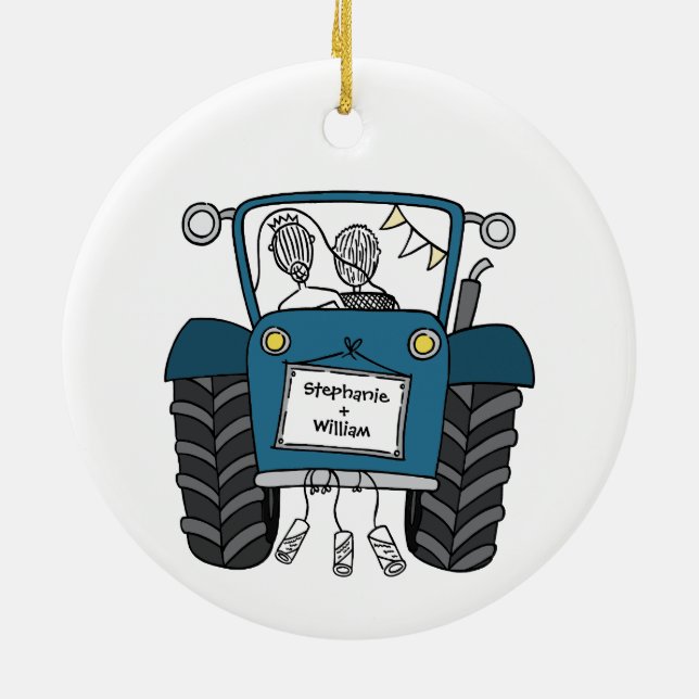 Personalised Blue Tractor Country Wedding Gift Ceramic Tree Decoration (Back)