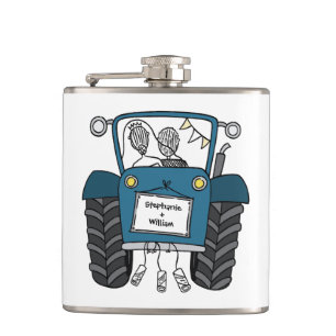 Personalised Blue Tractor Country Wedding Gift Hip Flask