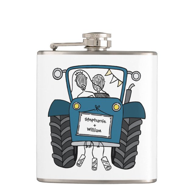 Personalised Blue Tractor Country Wedding Gift Hip Flask (Front)