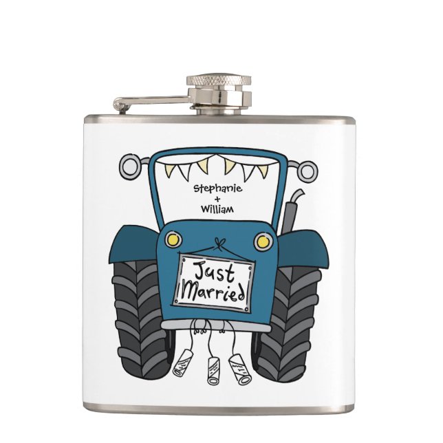 Personalised Blue Tractor Country Wedding Gift Hip Flask (Front)