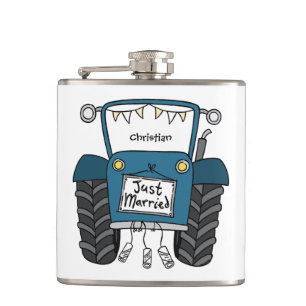 Personalised Blue Tractor Country Wedding Gift Hip Flask