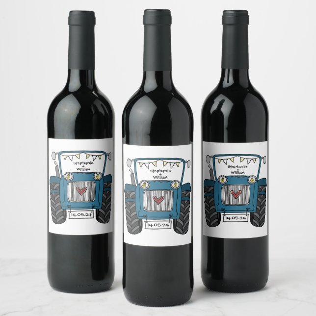 Personalised Blue Tractor Country Wedding  Wine Label (Bottles)