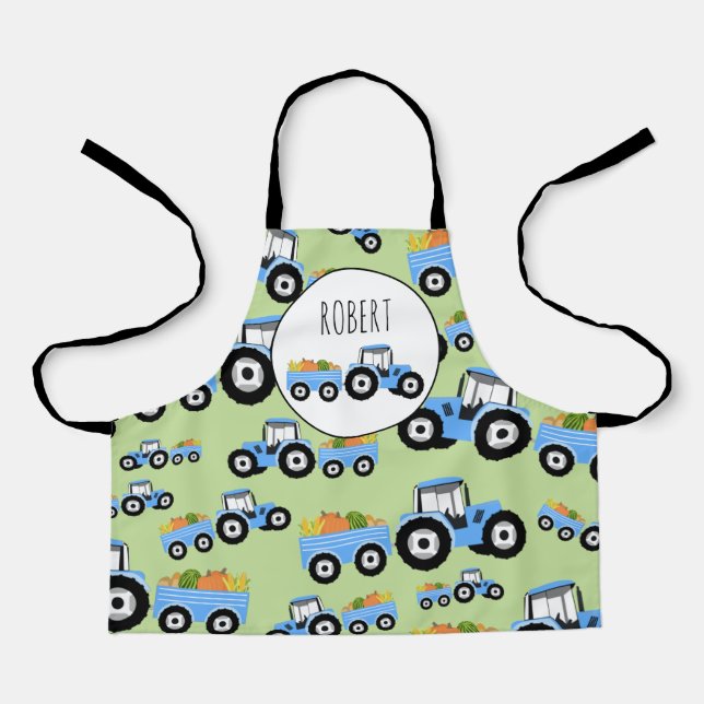 Personalised Blue Tractor Truck Farm Produce Apron (Front)