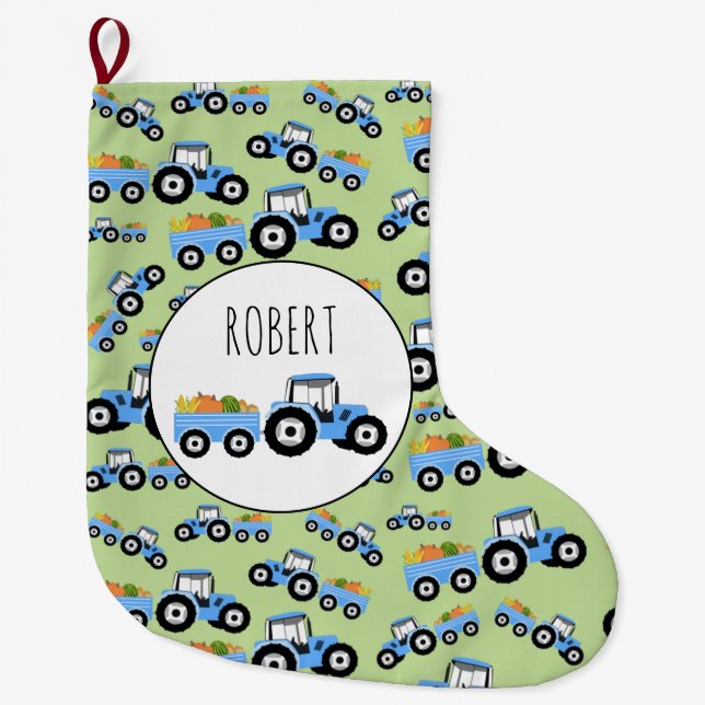 Personalised Blue Tractor Truck Farm Produce Large Christmas Stocking (Front)