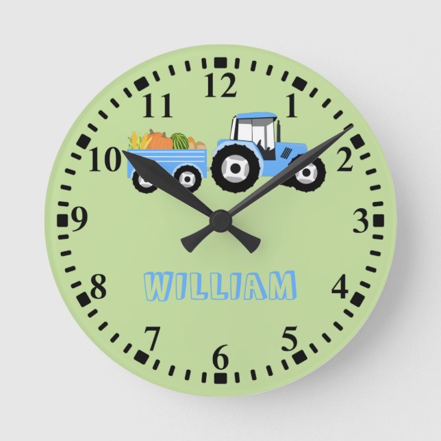 Personalised Blue Tractor Truck Farm Produce Round Clock (Front)