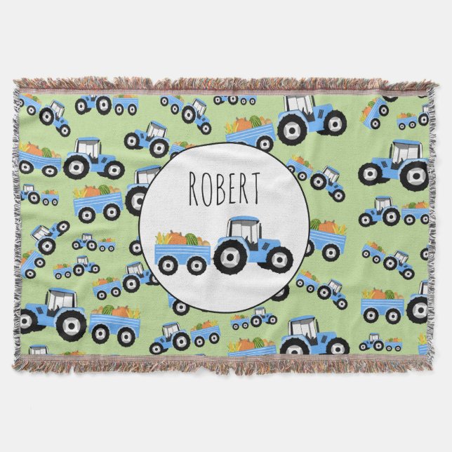 Personalised Blue Tractor Truck Farm Produce Throw Blanket (Front)