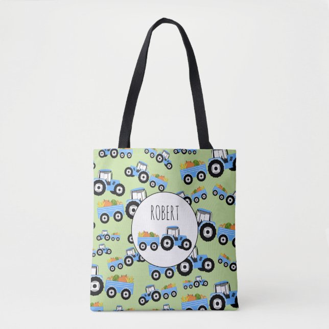 Personalised Blue Tractor Truck Farm Produce Tote Bag (Front)