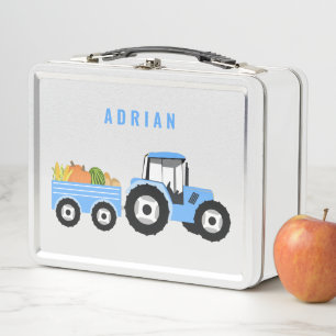 Personalised Blue Tractor Truck Farm School Metal Lunch Box