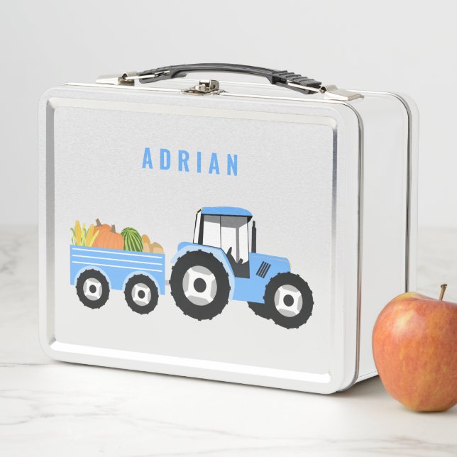 Personalised Blue Tractor Truck Farm School Metal Lunch Box (In Situ)