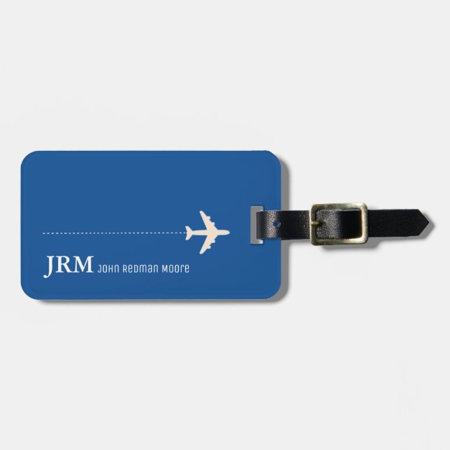 personalised blue travel aeroplane luggage tag (Front Horizontal)