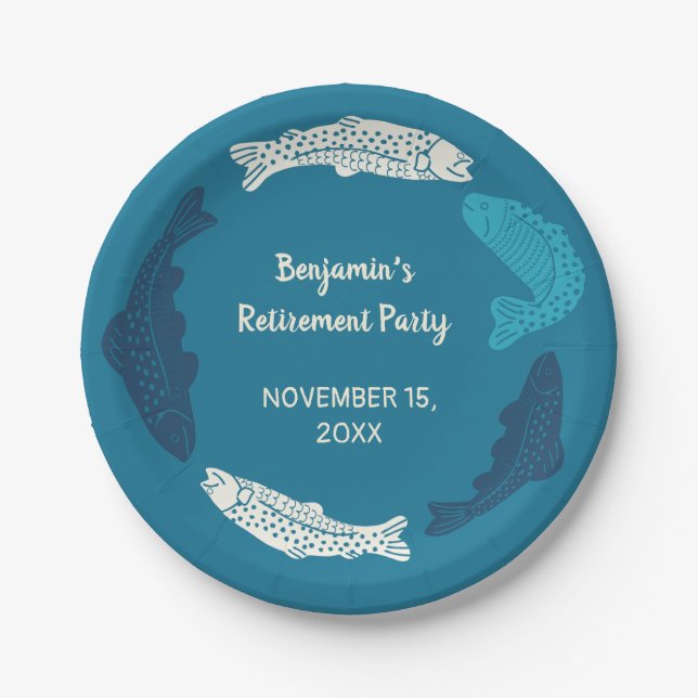 Personalised Blue Trout Fish Retirement Party Paper Plate (Front)