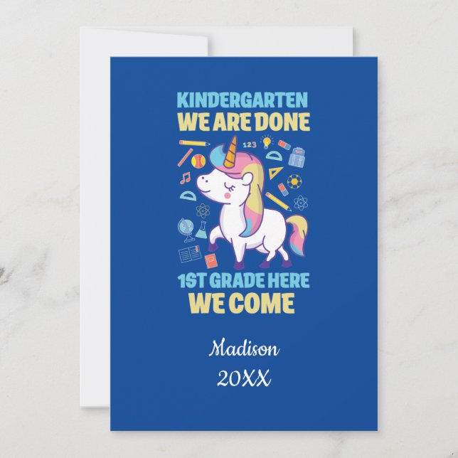 Personalised Blue Unicorn Kindergarten Graduation  Invitation (Front)