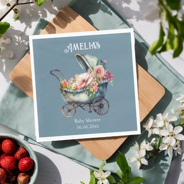 Personalised Blue Vintage Pram Baby Shower Napkin (Creator Uploaded)