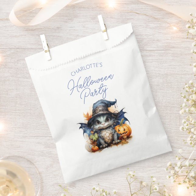Personalised Blue Watercolor Baby Dragon Halloween Favour Bags (Clipped)