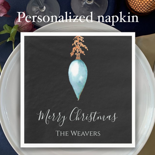 Personalised Blue Watercolor Bauble Christmas Napkin (Add name. Customize text. Unique watercolor Christmas bauble. Modern simple blue holiday napkin.)
