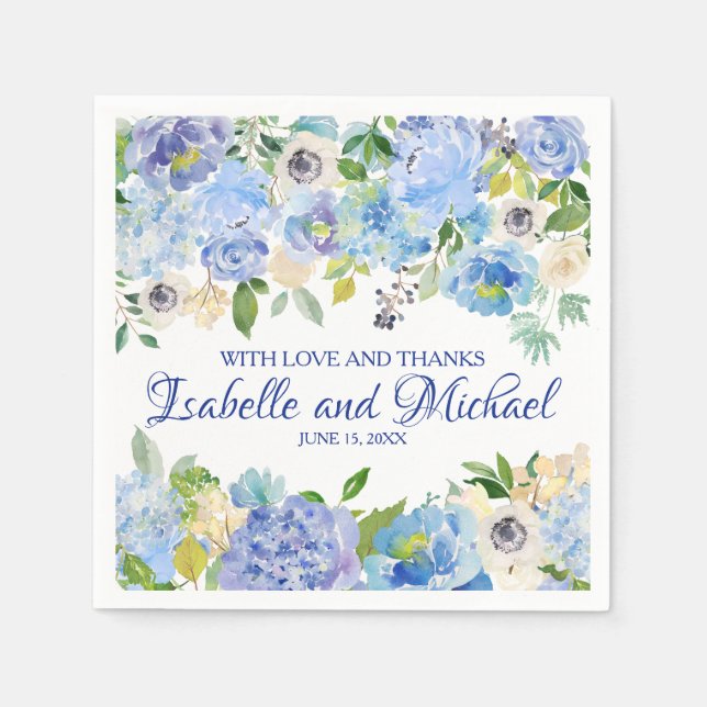 Personalised Blue Watercolor Floral Napkin (Front)