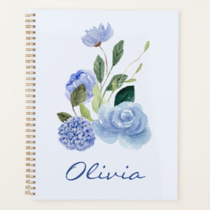 Personalised Blue Watercolor Floral Spiral Jouranl Planner