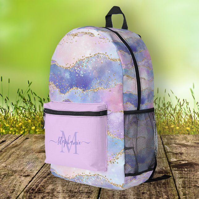 Personalised Blue Watercolor Gold Glitter Agate Printed Backpack (Personalized Blue Watercolor Gold Glitter Agate Printed Backpack)