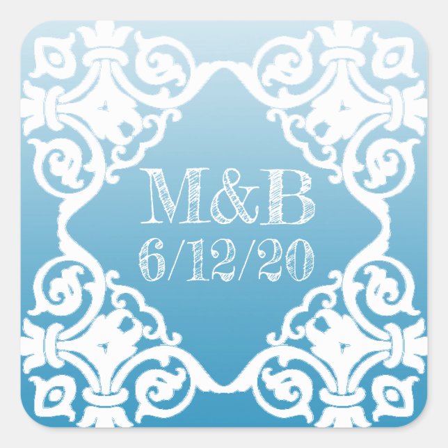 Personalised Blue Wedding Date & Initials Stickers (Front)