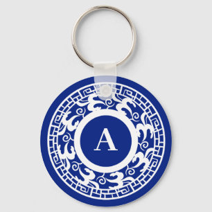 Personalised Blue White Chinoiserie Chic Monogram Key Ring