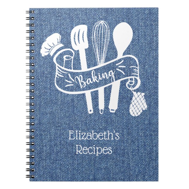 Personalised Blue White Faux Denim Baking Recipe Notebook (Front)