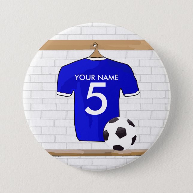Personalised Blue White Football Soccer Jersey 7.5 Cm Round Badge (Front)