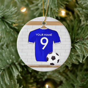 Personalised Blue White Football Soccer Jersey Ceramic Tree Decoration