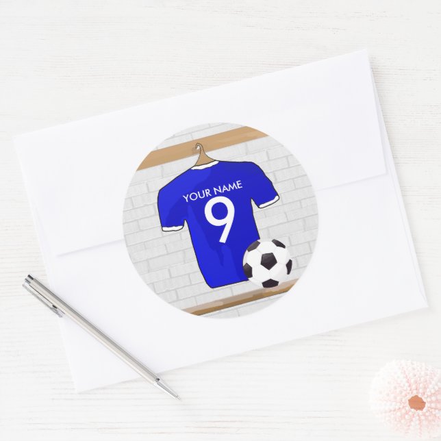 Personalised Blue White Football Soccer Jersey Classic Round Sticker (Envelope)