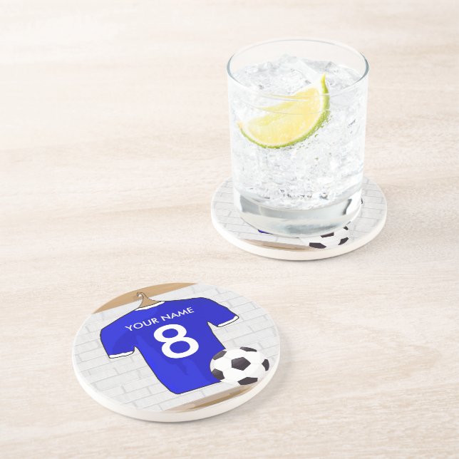Personalised Blue White Football Soccer Jersey Coaster (Side)