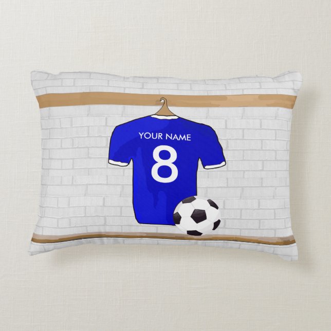 Personalised Blue White Football Soccer Jersey Decorative Cushion (Back)