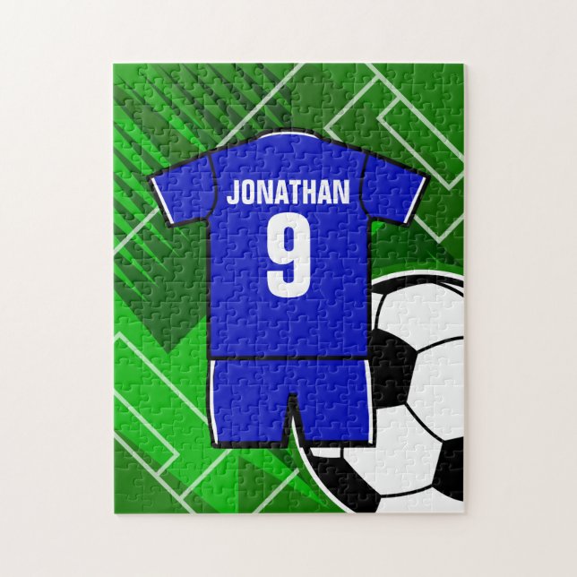 Personalised Blue White Football Soccer Jersey Jigsaw Puzzle (Vertical)