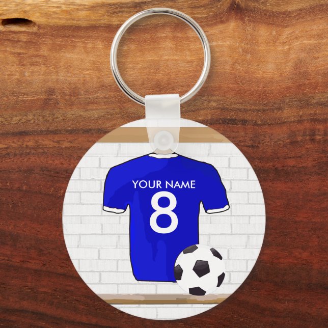 Personalised Blue White Football Soccer Jersey Key Ring (Back)